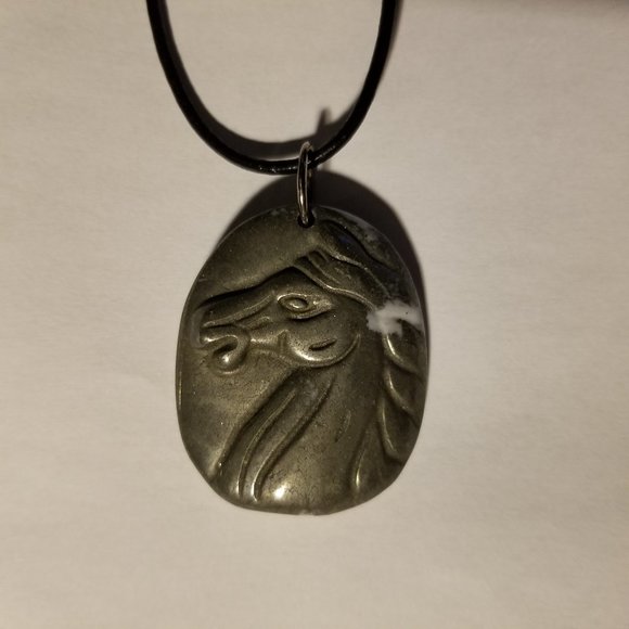 COPY - Pyrite gemstone horse head pendant, NWOT, black cord, artisan, unisex - Picture 1 of 4